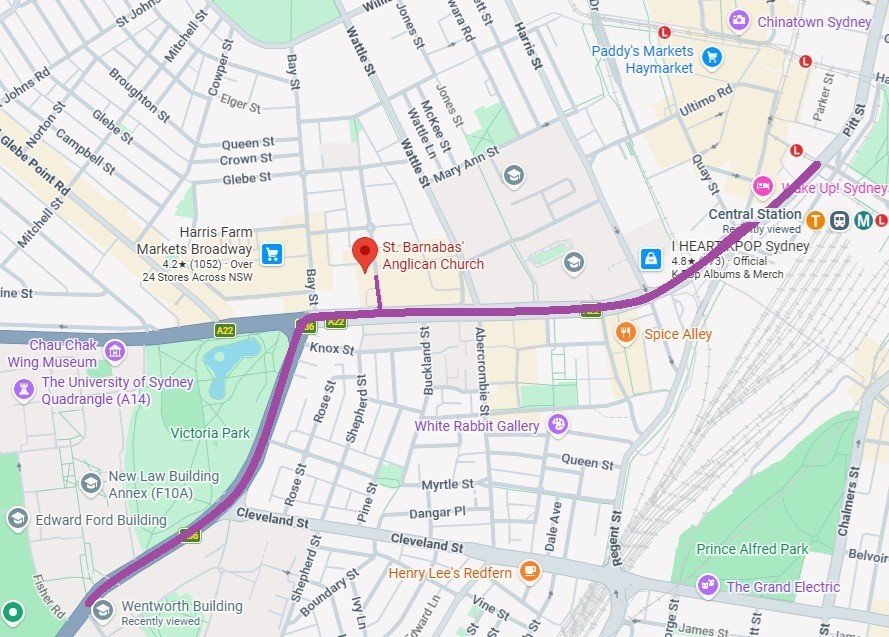 セントラル駅とシドニー大学から会場までの地図